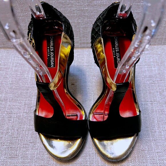 Vintage CHARLES JOURDAN PARIS Open Toe Leather T-Strap Platform High Heels Black - Picture 11 of 15